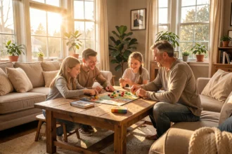 Famille jouant à un jeu de société autour d'une table