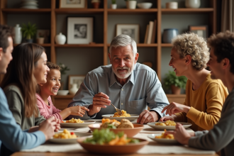 Famille recomposée partageant un repas convivial à la maison