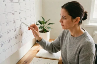 Femme annotant un calendrier 2026 avec numéros de semaines paires et impaires sur un bureau en bois