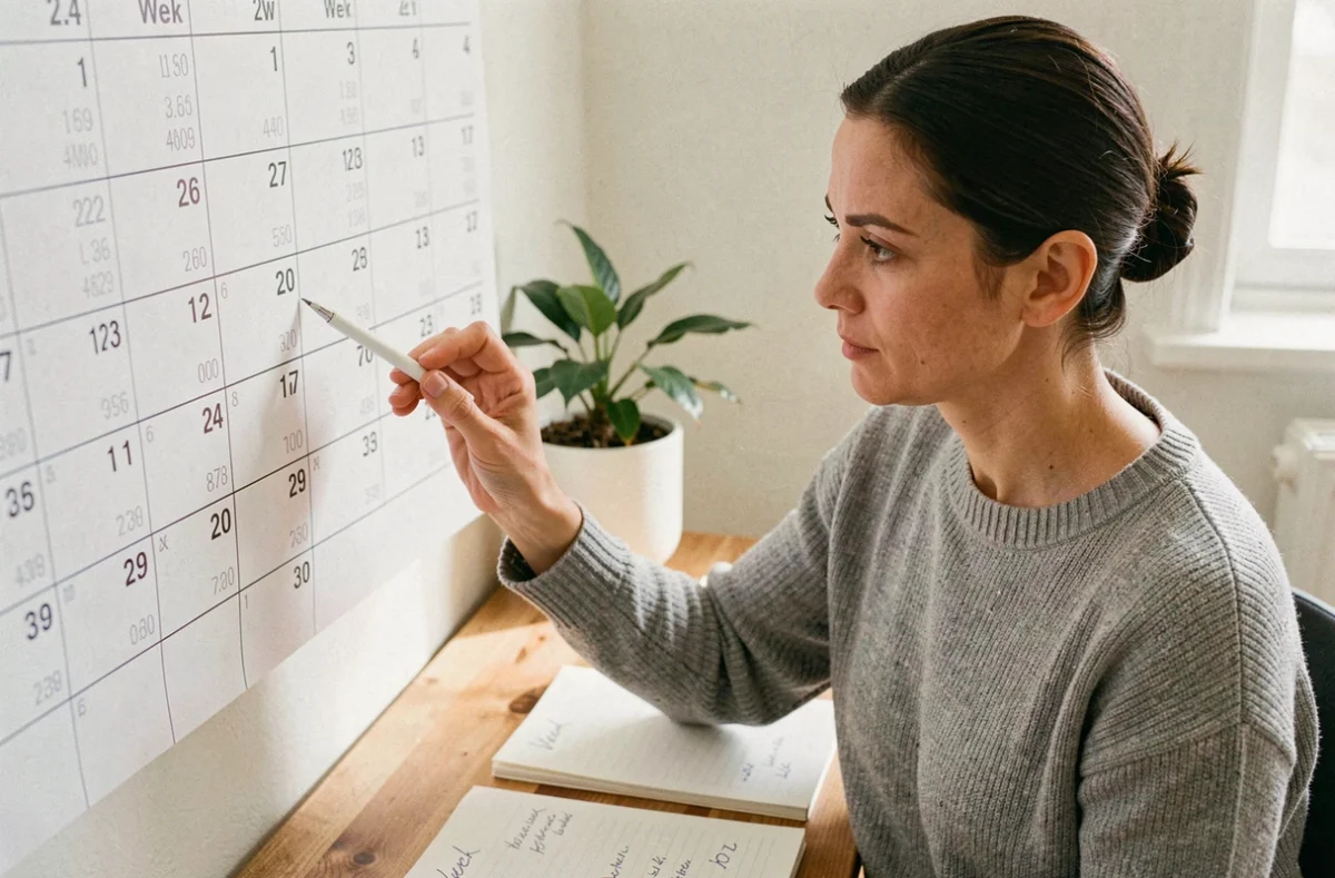 Femme annotant un calendrier 2026 avec numéros de semaines paires et impaires sur un bureau en bois