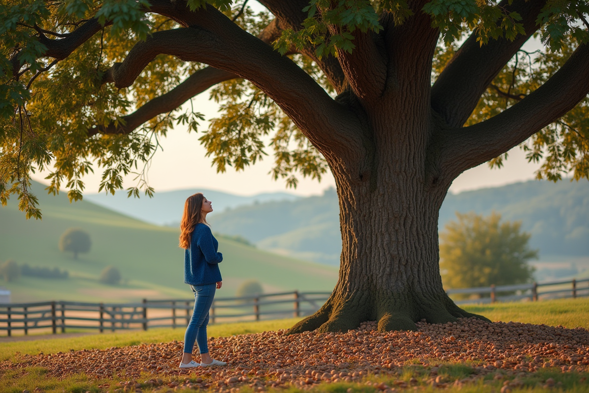Jeune femme regardant un noisetier dans un verger