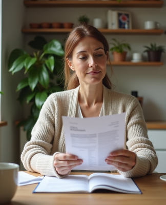 Femme française concentrée à la maison dans une cuisine chaleureuse