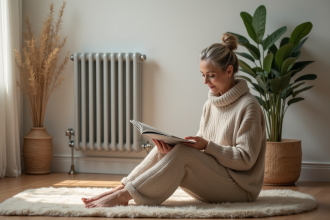 Femme d'âge moyen lisant un magazine près d'un radiateur moderne