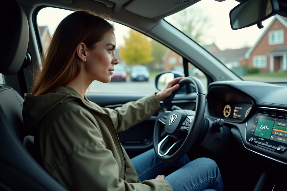 Jeune femme regardant le tableau de bord d