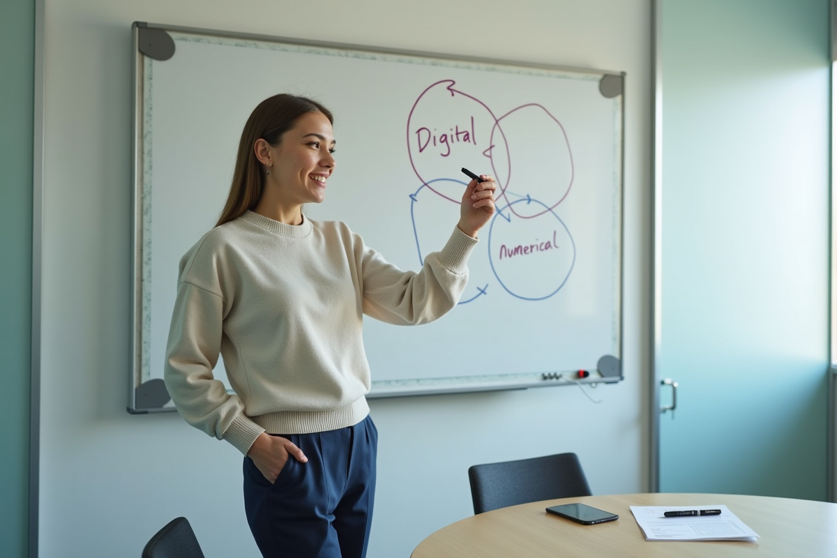Jeune femme dessinant un diagramme de Venn dans une salle de réunion