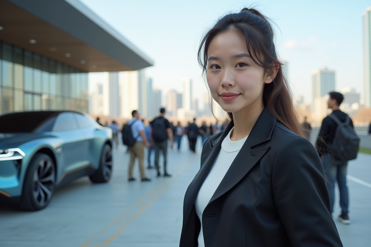 Jeune femme présentant un véhicule électrique lors d