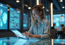 Interface utilisateur : fonctionnement et usages en 2025 Femme en entreprise utilisant une tablette futuriste
