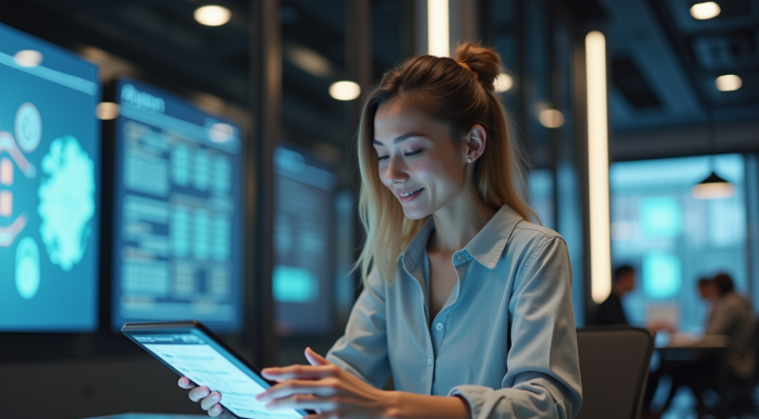 Femme en entreprise utilisant une tablette futuriste