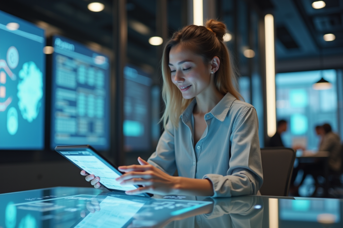 Femme en entreprise utilisant une tablette futuriste