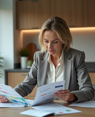 Femme française en blazer examinant des brochures d'investissement