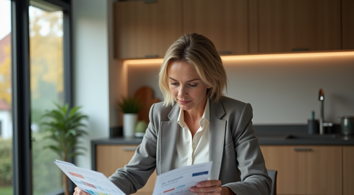 Femme française en blazer examinant des brochures d'investissement