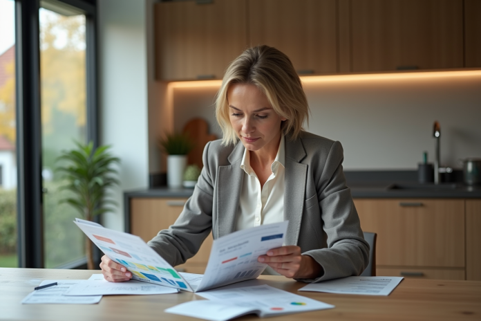 femme-investissement-brochures Femme française en blazer examinant des brochures d'investissement