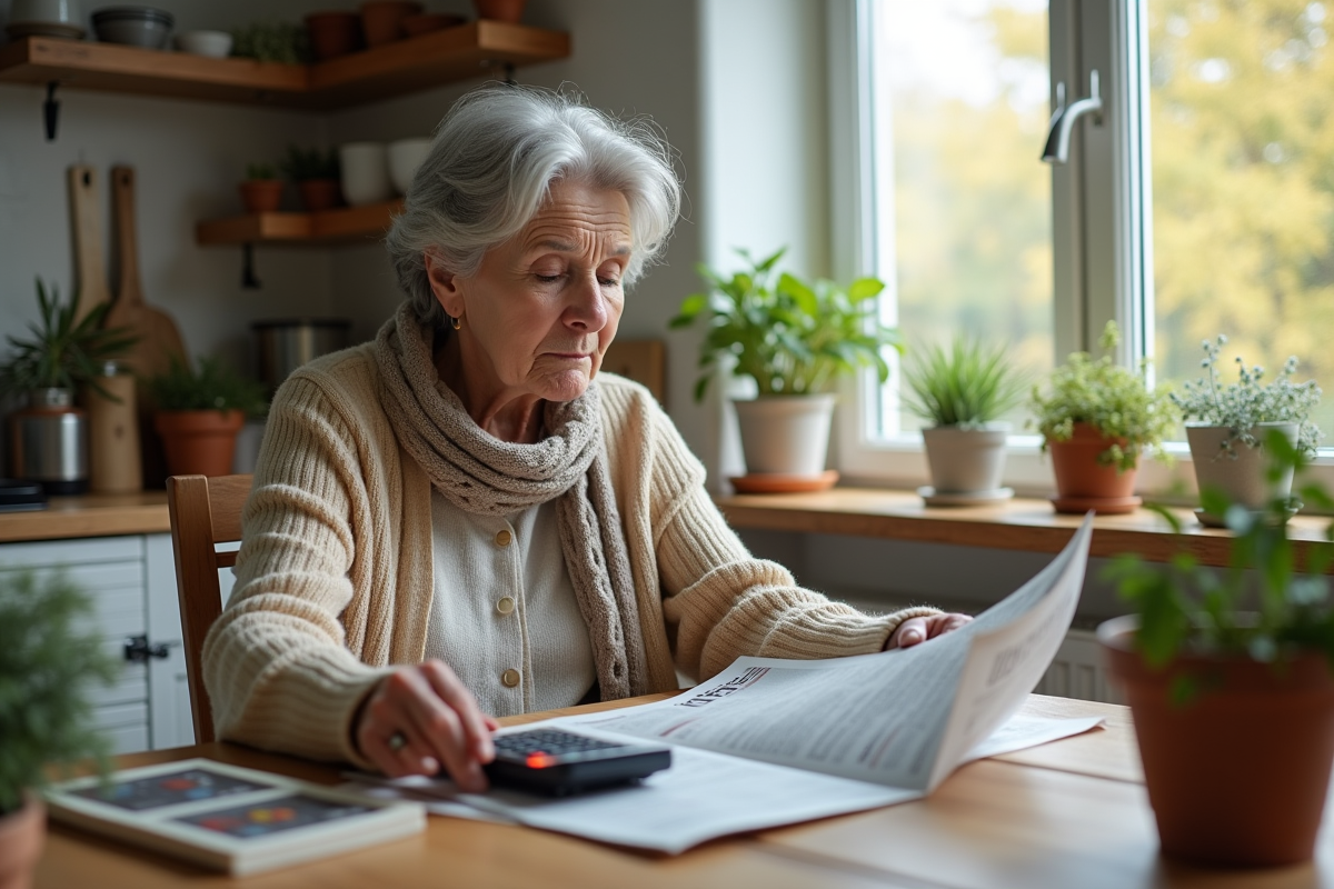 Femme âgée lisant un journal économique à la maison