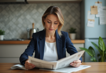 Femme d'âge moyen lisant un journal dans la cuisine