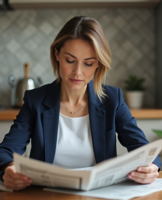 Femme d'âge moyen lisant un journal dans la cuisine