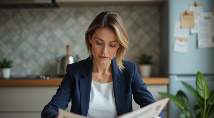 Femme d'âge moyen lisant un journal dans la cuisine