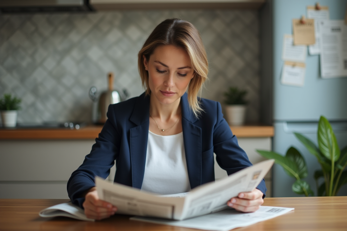 Femme d'âge moyen lisant un journal dans la cuisine