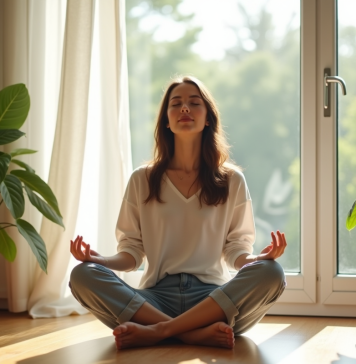 Jeune femme méditant paisiblement près d'une fenêtre