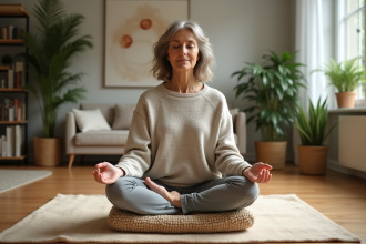 Femme méditant en intérieur dans un salon paisible
