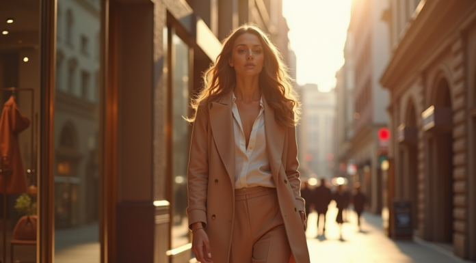 Femme élégante en ville portant une tenue de mode