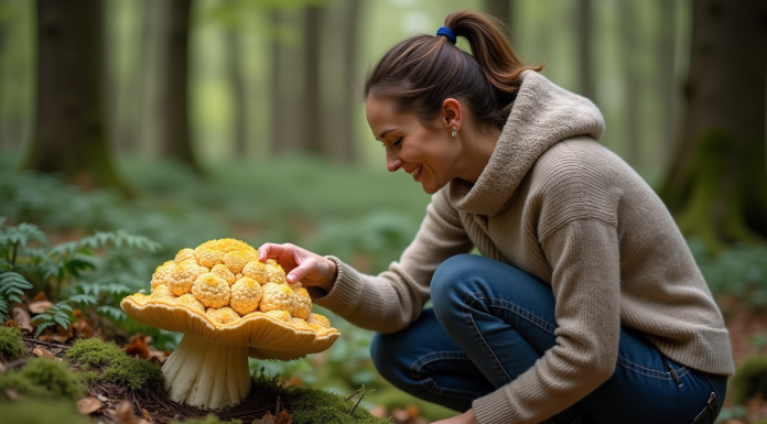 Femme cueillant un chou-fleur dans la forêt