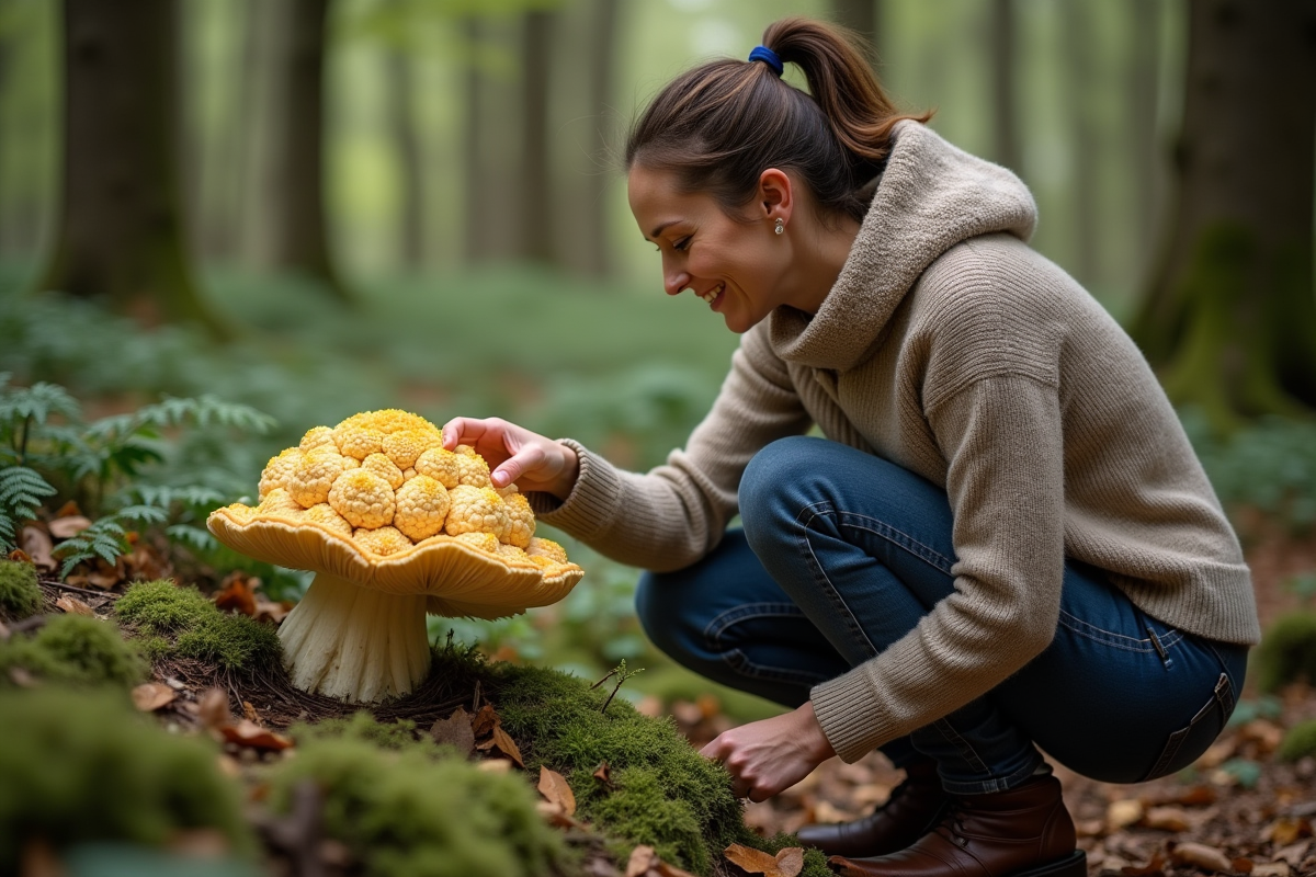 Femme cueillant un chou-fleur dans la forêt