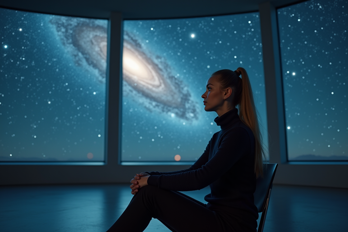 Jeune femme contemplant le ciel étoilé depuis un observatoire moderne