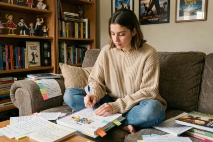 Jeune femme organisant sa liste de films Disney avec des notes et un encyclopedia illustrée sur un canapé entouré de figurines et affiches vintage