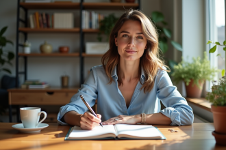 Jeune femme organisée écrivant dans un planner dans un bureau lumineux