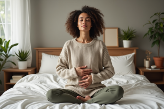 Femme en détente pratiquant la respiration consciente dans un intérieur calme