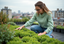 Femme touchant un toit végétal urbain en jeans et pull vert