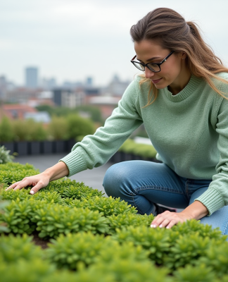 Femme touchant un toit végétal urbain en jeans et pull vert