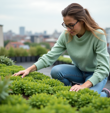 Toit végétalisé : avantages et intérêts pour votre habitation Femme touchant un toit végétal urbain en jeans et pull vert