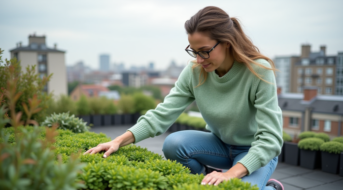 Femme touchant un toit végétal urbain en jeans et pull vert