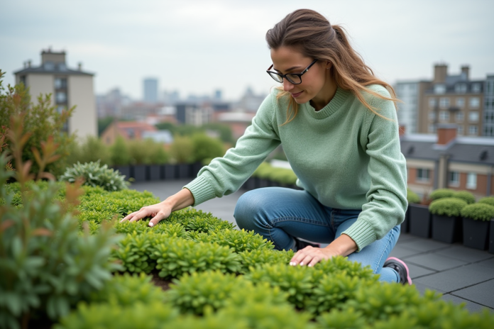 Femme touchant un toit végétal urbain en jeans et pull vert