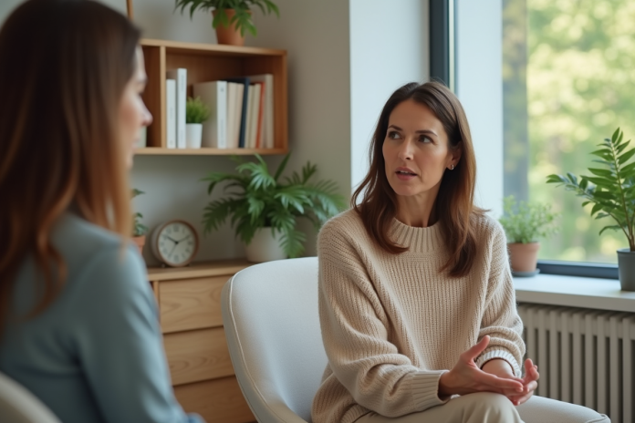 femme-salon-therapie Femme en séance de thérapie dans un bureau moderne