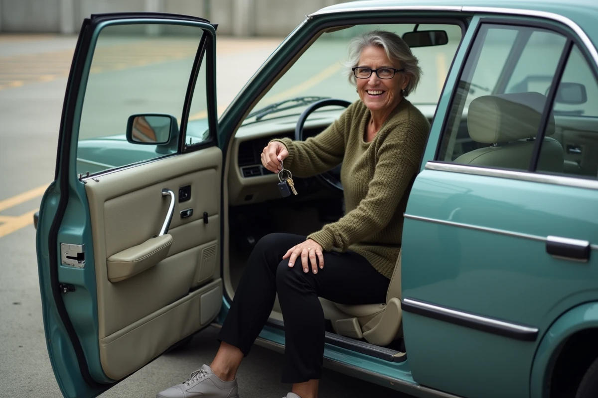 Femme souriante dans sa voiture en parking urbain