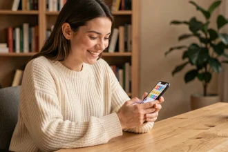 Jeune femme souriante consultant la signification des emojis sur son smartphone à son bureau à domicile