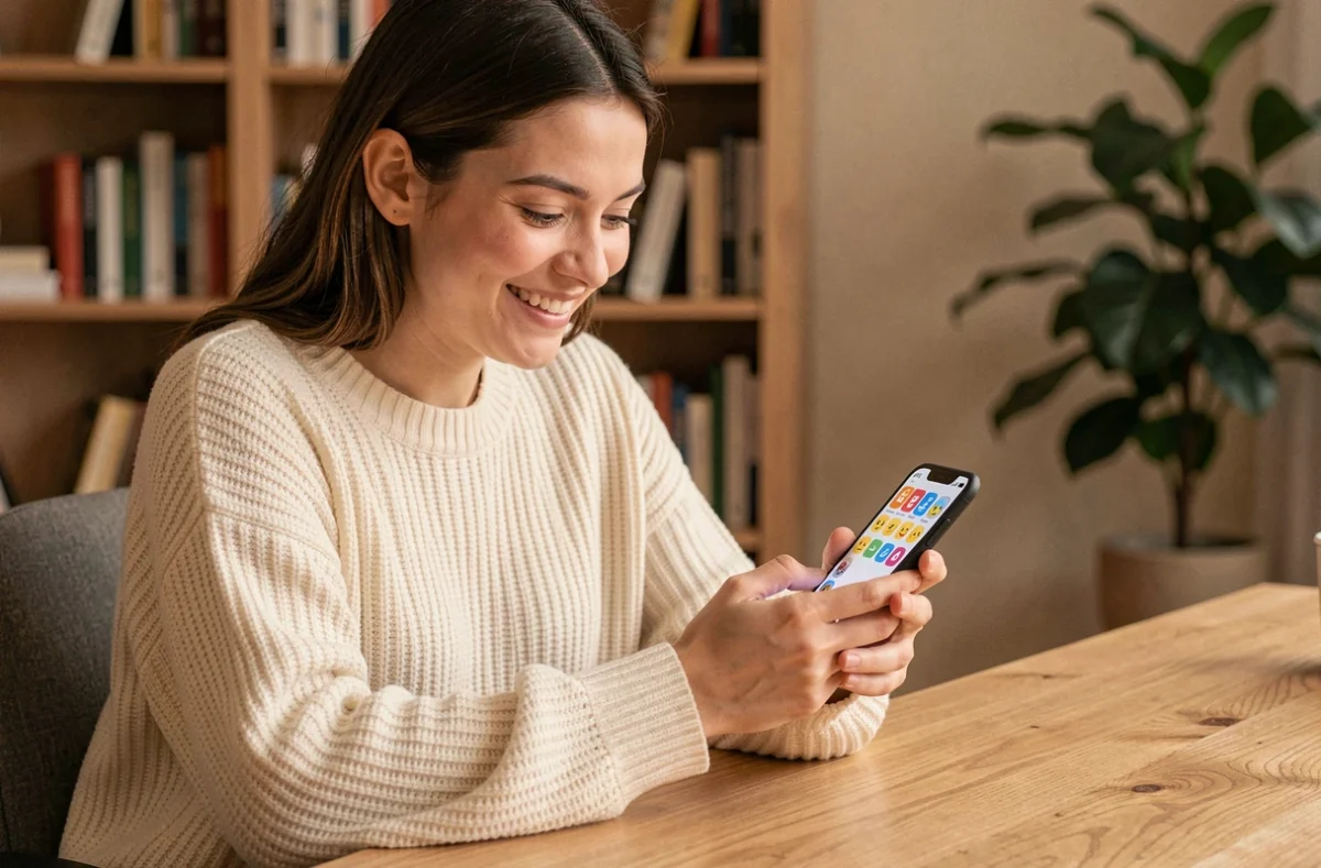Jeune femme souriante consultant la signification des emojis sur son smartphone à son bureau à domicile