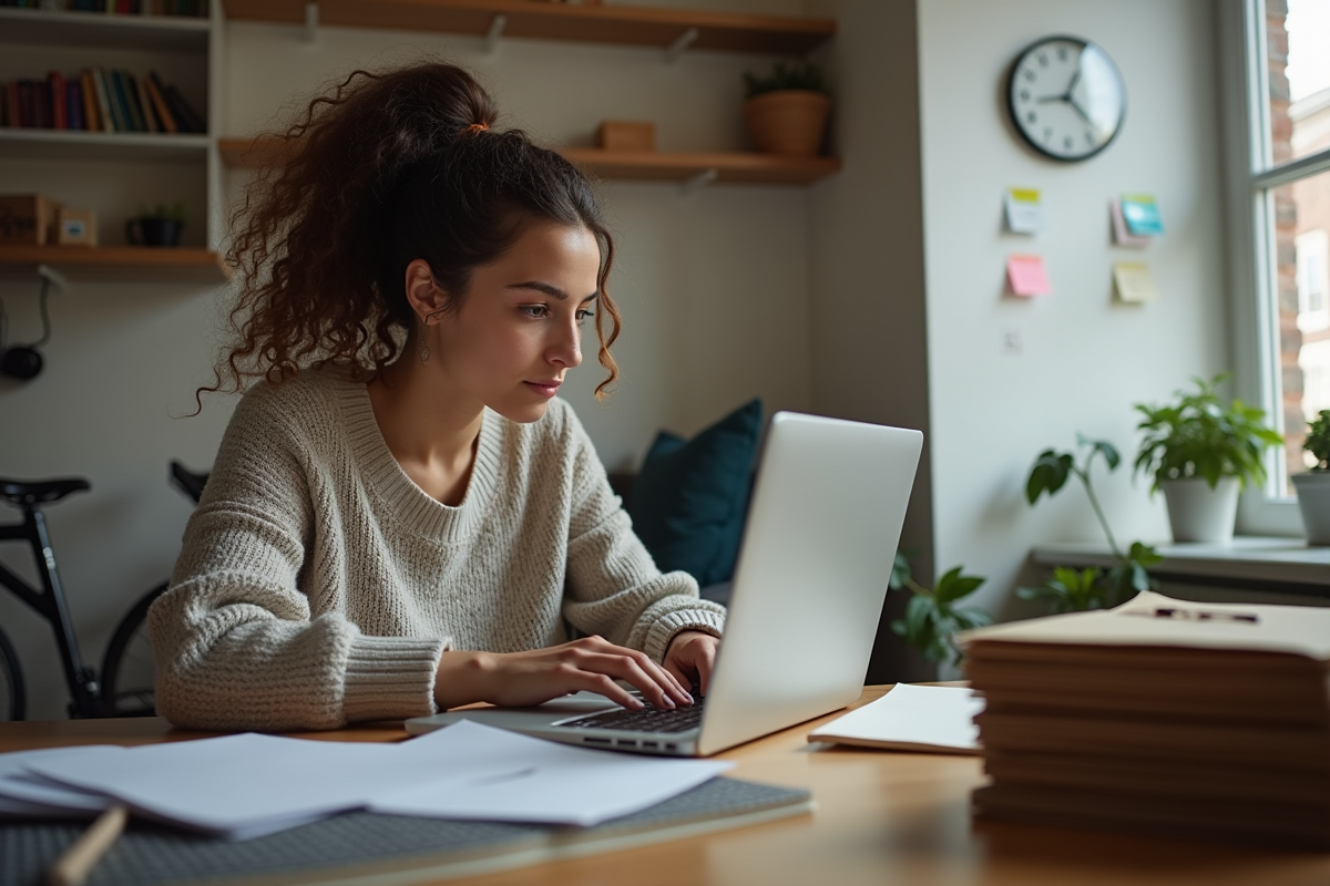 Jeune femme tapant sur un ordinateur dans un espace partagé