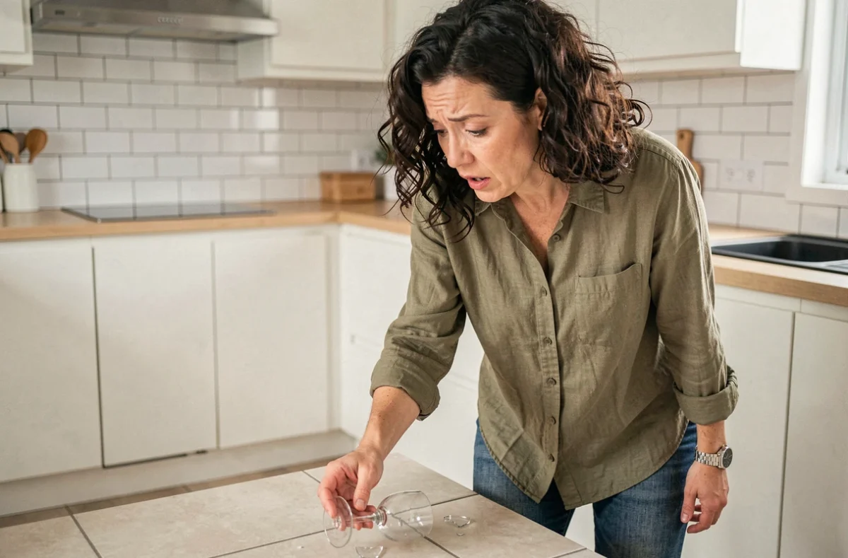 Femme regardant un verre cassé au sol dans une cuisine moderne, représentant la surprise d'un accident isolé avec un verre blanc