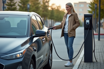 Femme connectant une voiture hybride au chargeur en ville