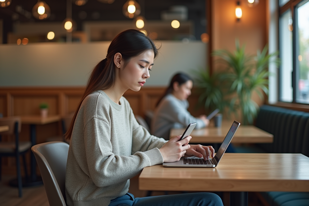 Jeune femme au café avec alerte VPN sur son téléphone