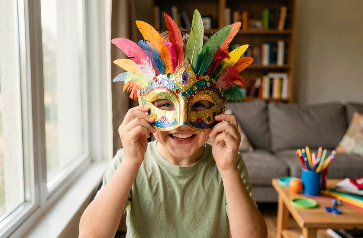 Garçon tenant un masque de carnaval décoré de plumes et paillettes devant son visage