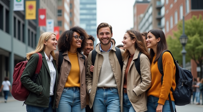 Groupe d'adultes divers souriants en espace urbain