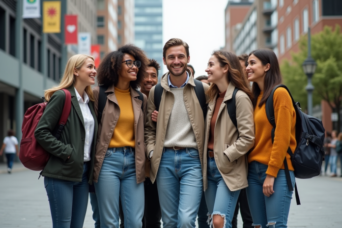 Groupe d'adultes divers souriants en espace urbain