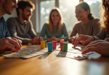 Groupe d'amis jouant au Rummikub autour d'une table en bois