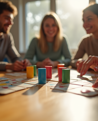 Groupe d'amis jouant au Rummikub autour d'une table en bois