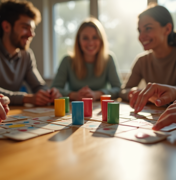 Groupe d'amis jouant au Rummikub autour d'une table en bois