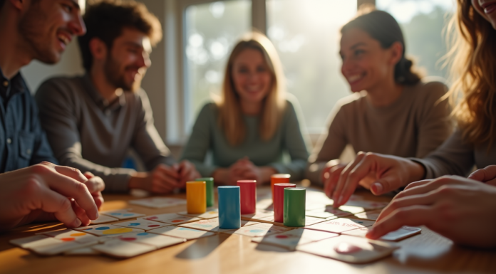 Groupe d'amis jouant au Rummikub autour d'une table en bois